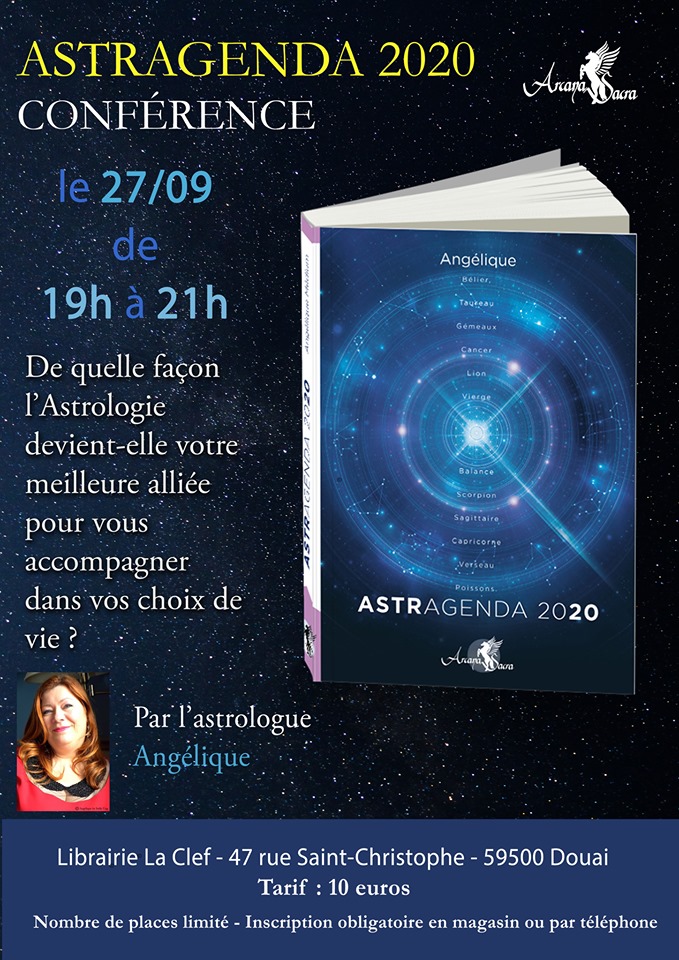 Angélique présente l'horoscope du lundi au vendredi sur IDFM Radio Enghien. Retrouvez-là sur www.angelique.fr
Elle sera en conférence dédicace le 27 septembre à la librairie La Clef à Douai de 19h à 21h et le lendemain en atelier de 15h à 17h
